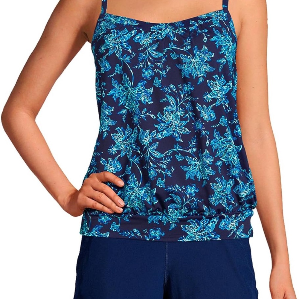 Lands End Deep Sea Navy Jacobean Blouson Tankini Swim Top Size 8 Long Torso